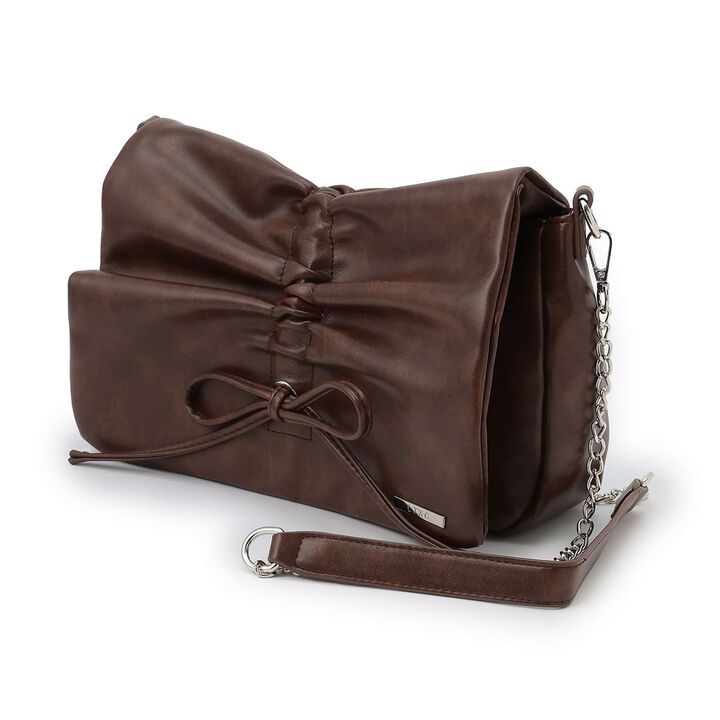 Faux Leather Ribbon Shirred Shoulder Bag,Ivory, medium image number 3