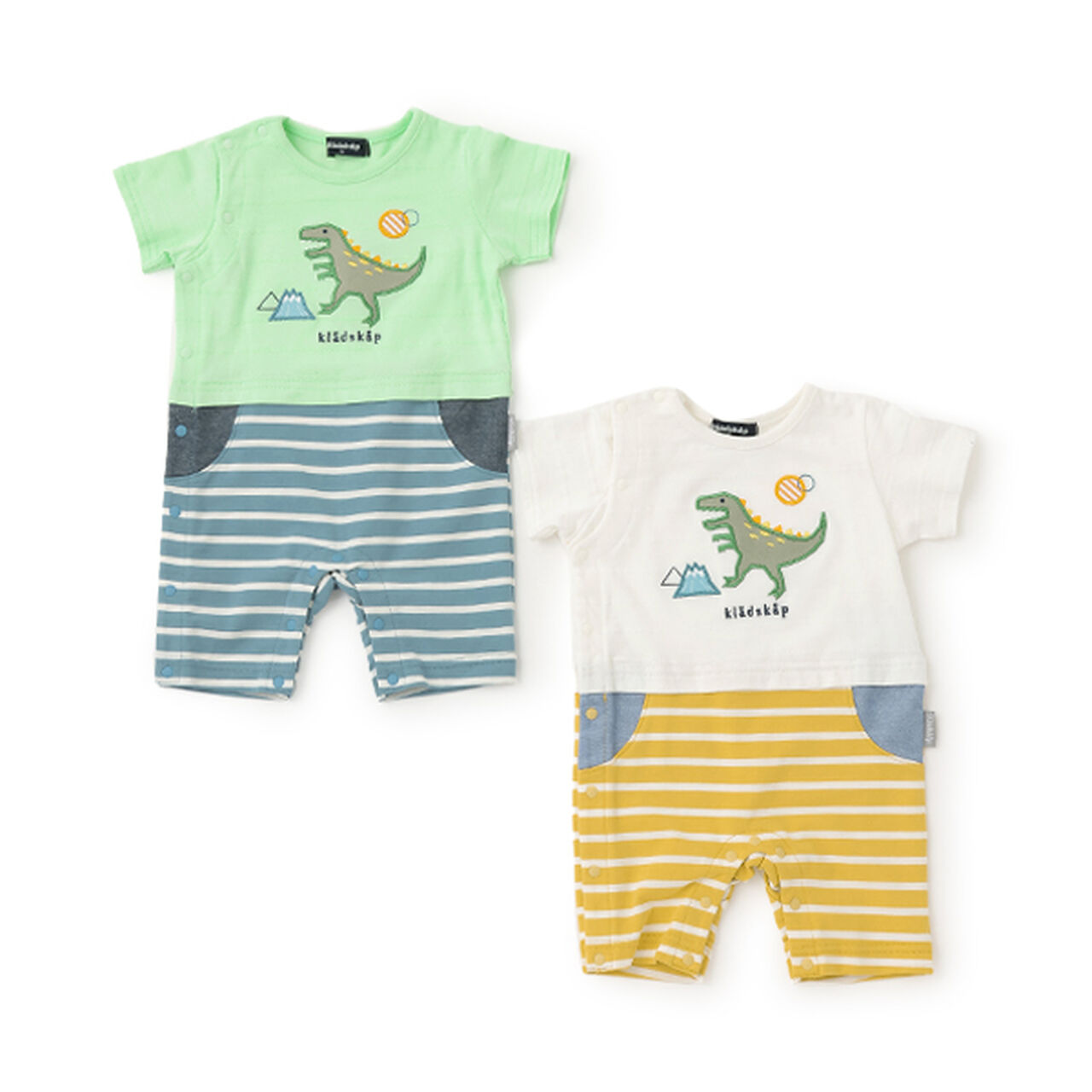 Dinosaur Appliqué Short-Sleeve Coverall,Yellow green, large image number 3