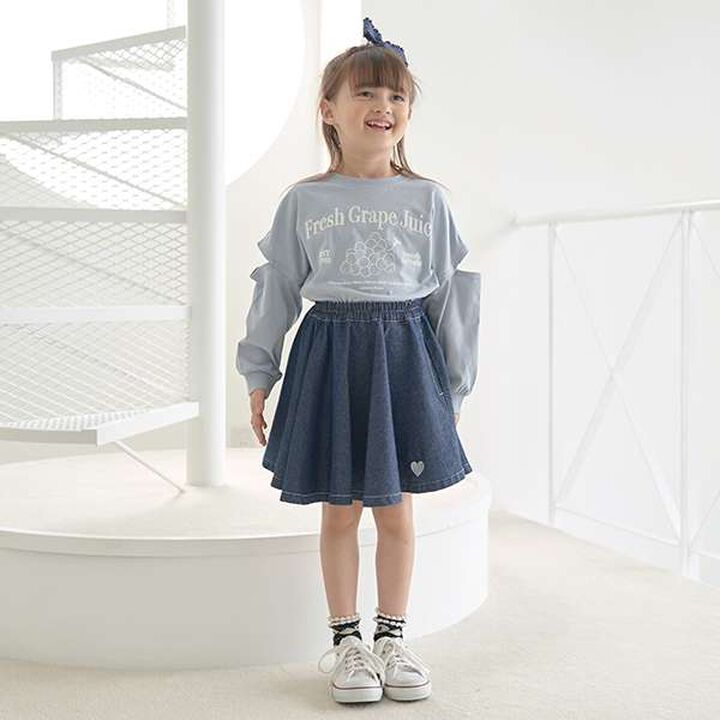 Soft Denim Heart Embroidery Flare Skirt,Blue, medium image number 2