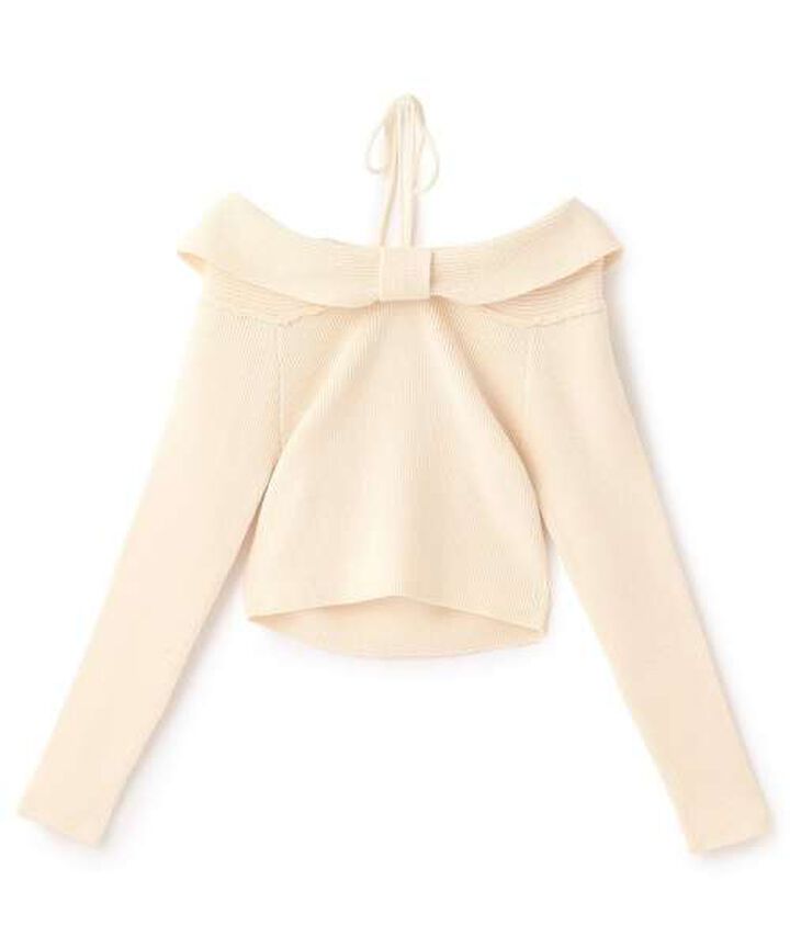 Ribbon Off-Shoulder Knit Pullover [Korean Fashion],Red, medium image number 3