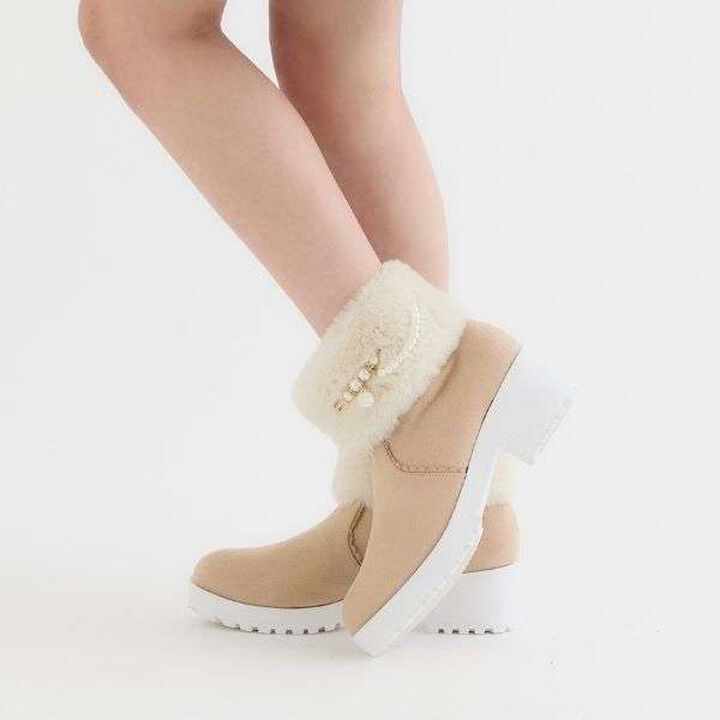Short Boots with Pearl Accent,Beige, medium image number 0