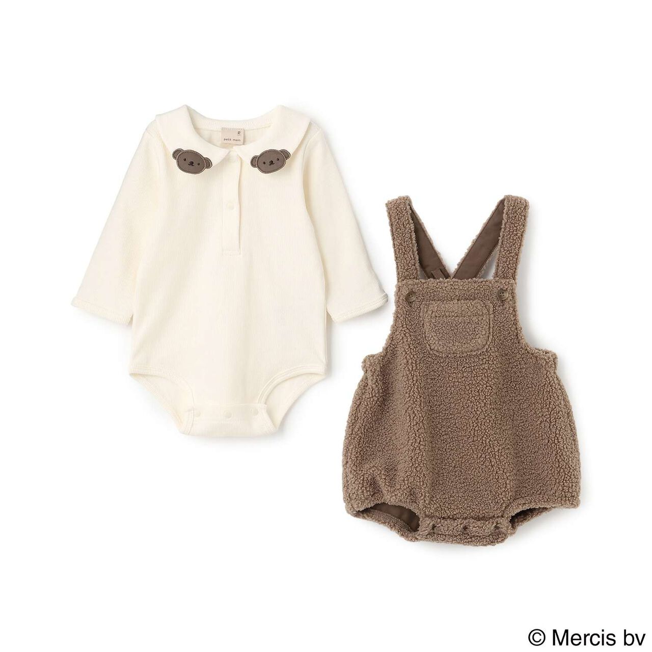 [D Bruna] Collared Romper + Boa Fabric Salopette Set,Off white, large image number 9