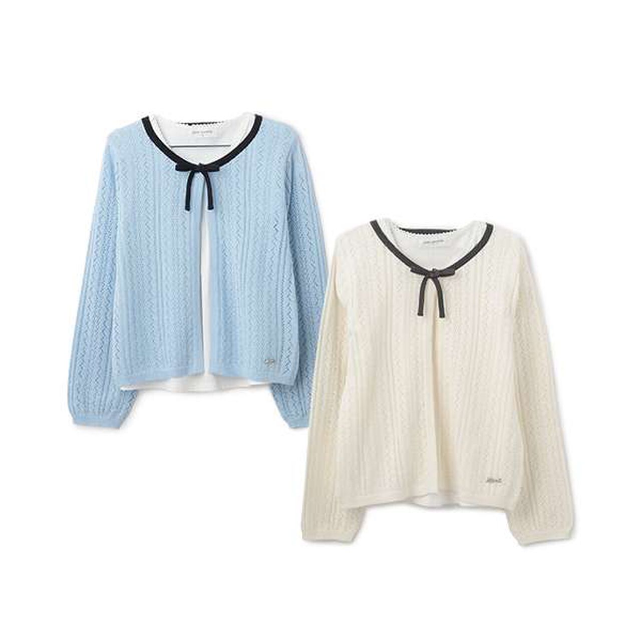 Lace Knit Cardigan + T-Blouse Set,Ivory, large image number 2