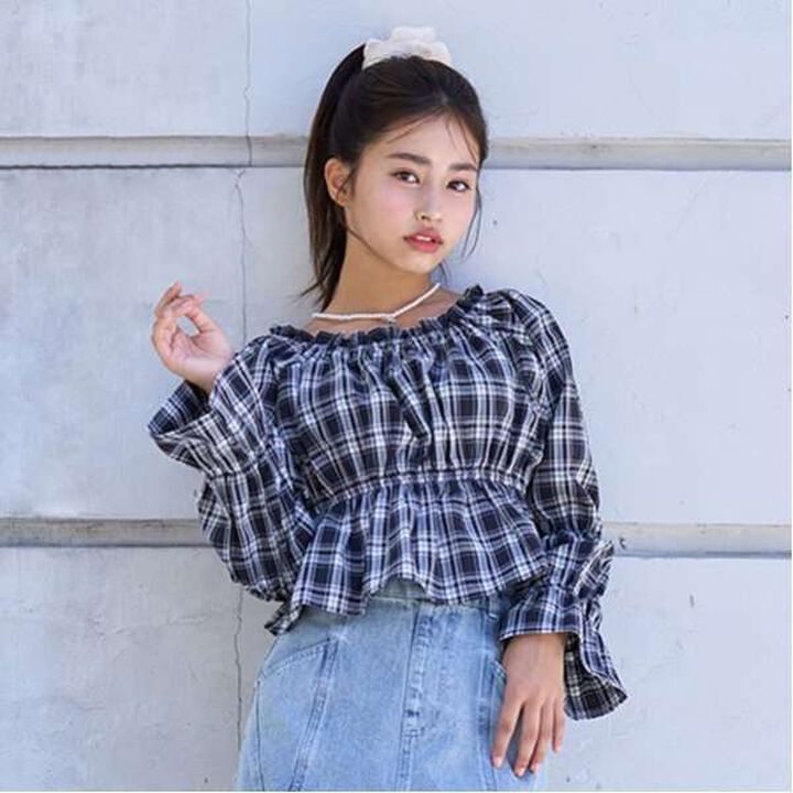 Checked Off-Shoulder Blouse,Brown, medium image number 12