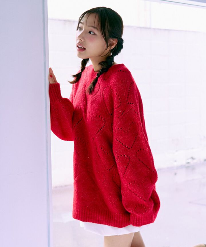 Heart Knit Mix Loose Knitwear [Korean Fashion],Red, medium image number 1