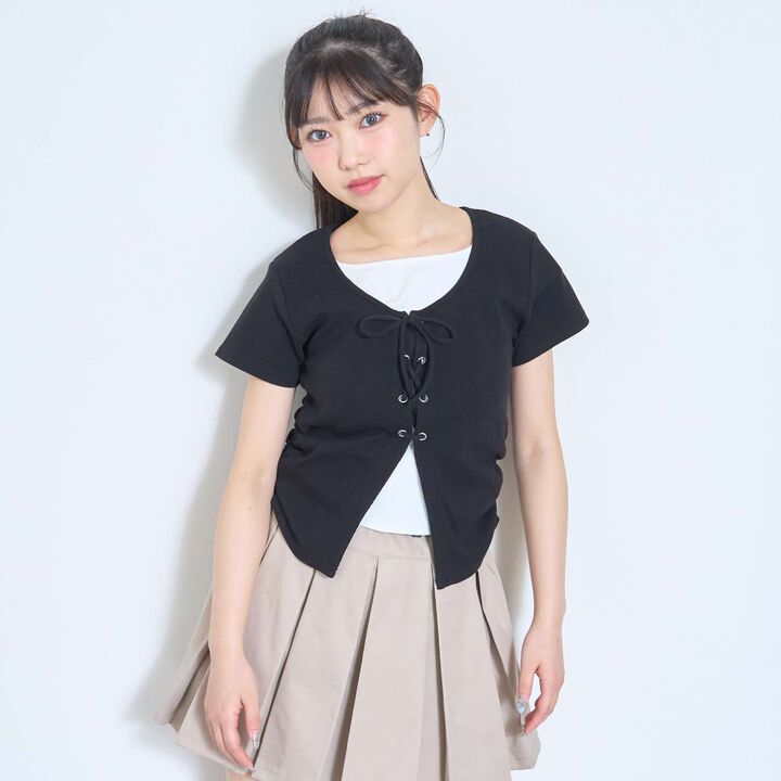 Lace-Up Ribbed Short-Sleeve T-Shirt,Black, medium image number 0