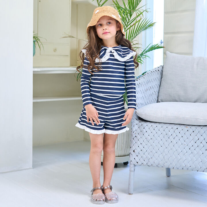 [SWIM] [UV Processing] Assorted Pattern Frill Collar Rash Guard & Pants Set,Navy, medium image number 0