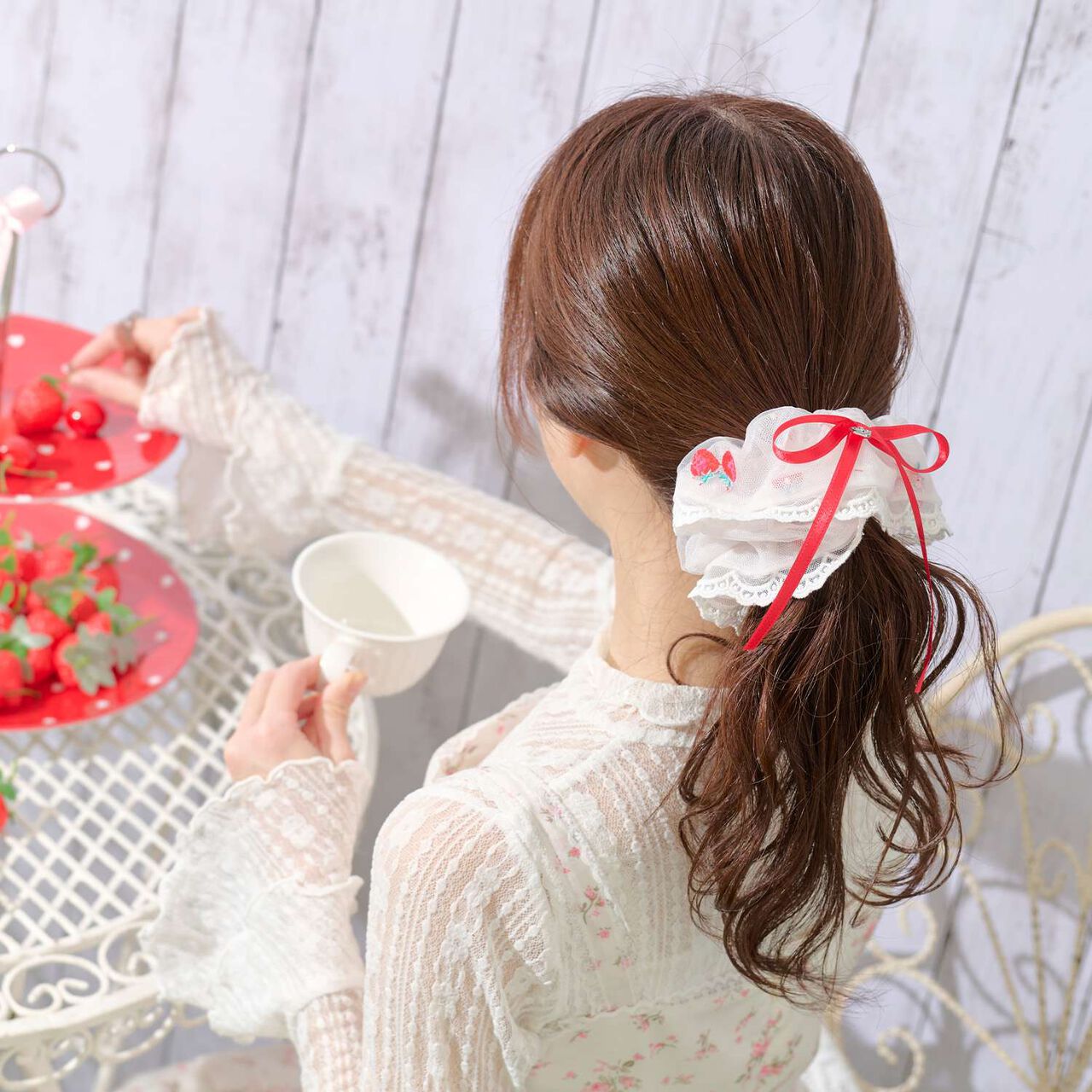 Strawberry Embroidery Hair Tie,Off white, large image number 5