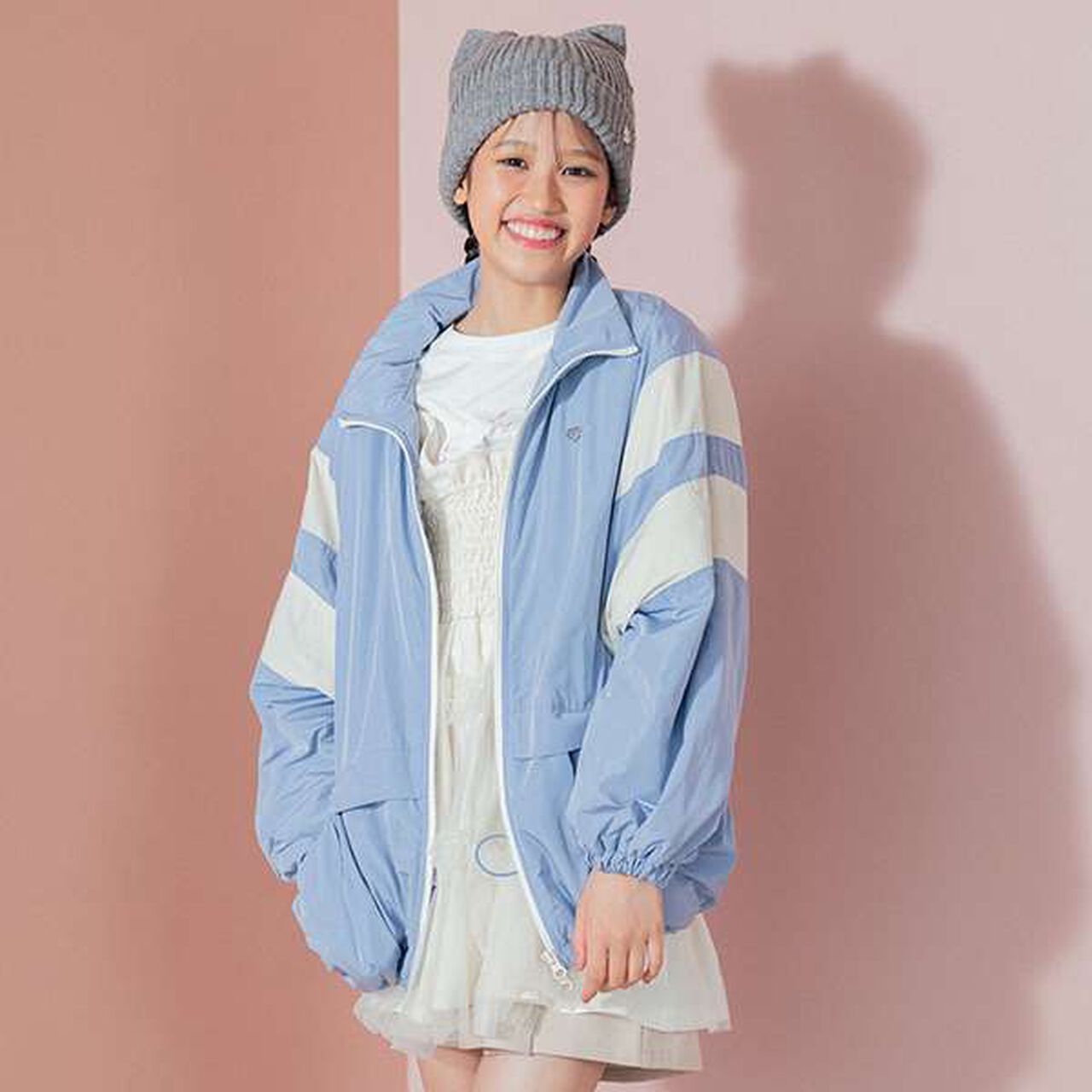 Water-Repellent Fleece-Lined Warm Color Block Track Jacket,Light beige, large image number 2