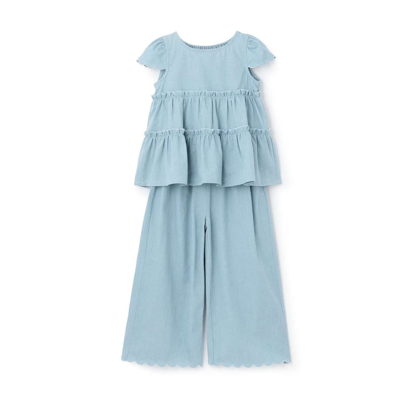 Assorted All-Over Pattern Tiered Blouse & Scallop Trim Pants Set,Emerald green, large image number 6