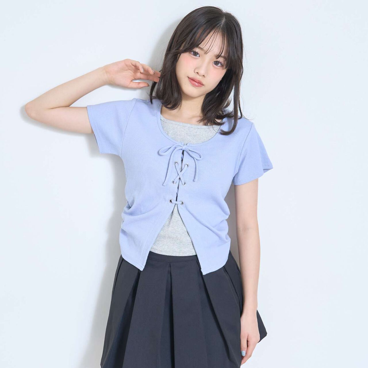 Lace-Up Ribbed Short-Sleeve T-Shirt,Top gray, large image number 5