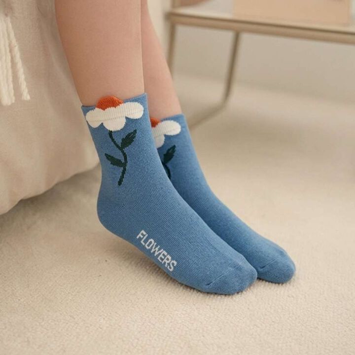 Puffy Flower Crew Socks [Kids] [Girls],Moderate blue, medium image number 0