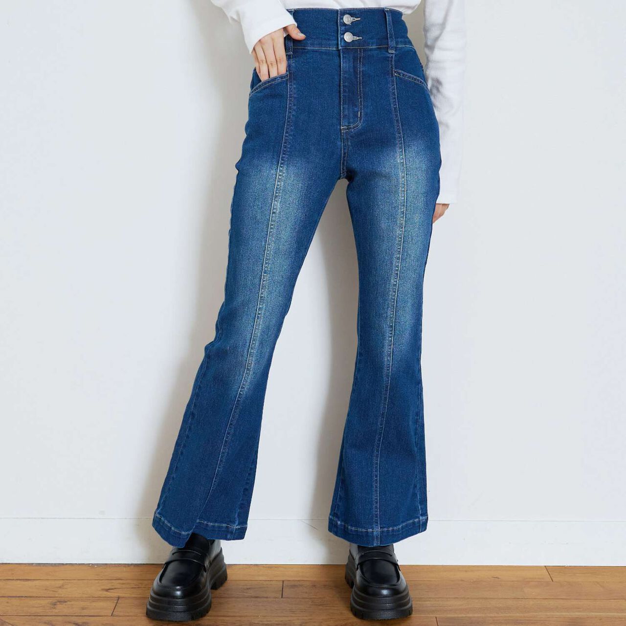 Stretch Style-Up Flare Denim Pants,Sax blue, large image number 6