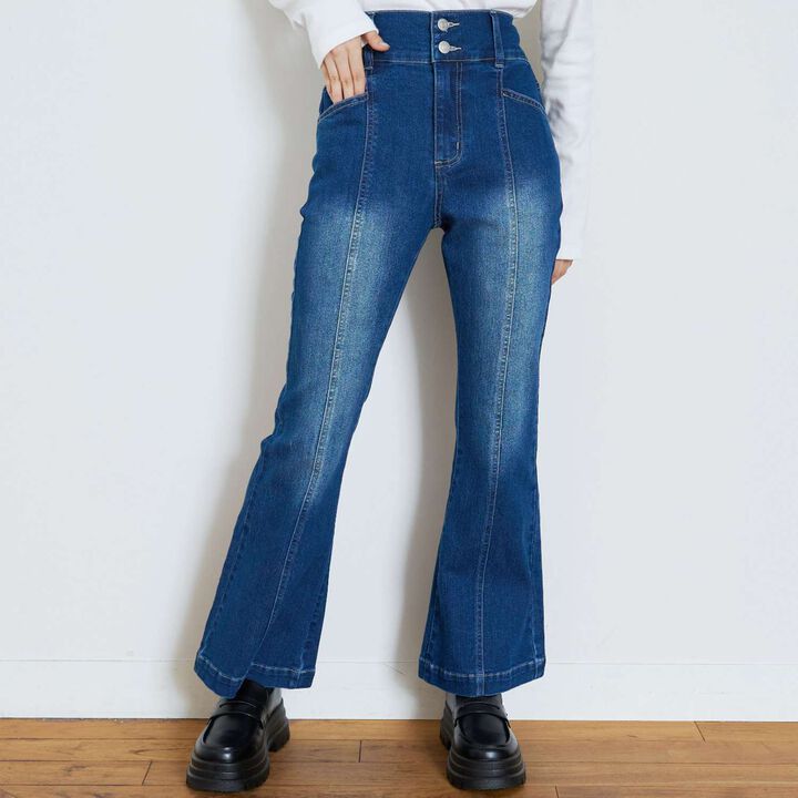 Stretch Style-Up Flare Denim Pants,Sax blue, medium image number 6
