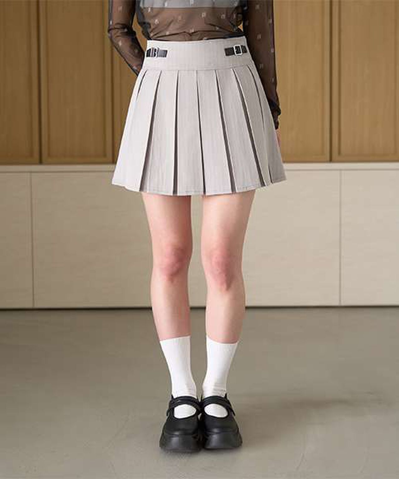 Quilted Belt Pleated Skirt,Light gray, large image number 0