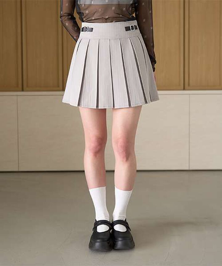 Quilted Belt Pleated Skirt,Light gray, medium image number 0