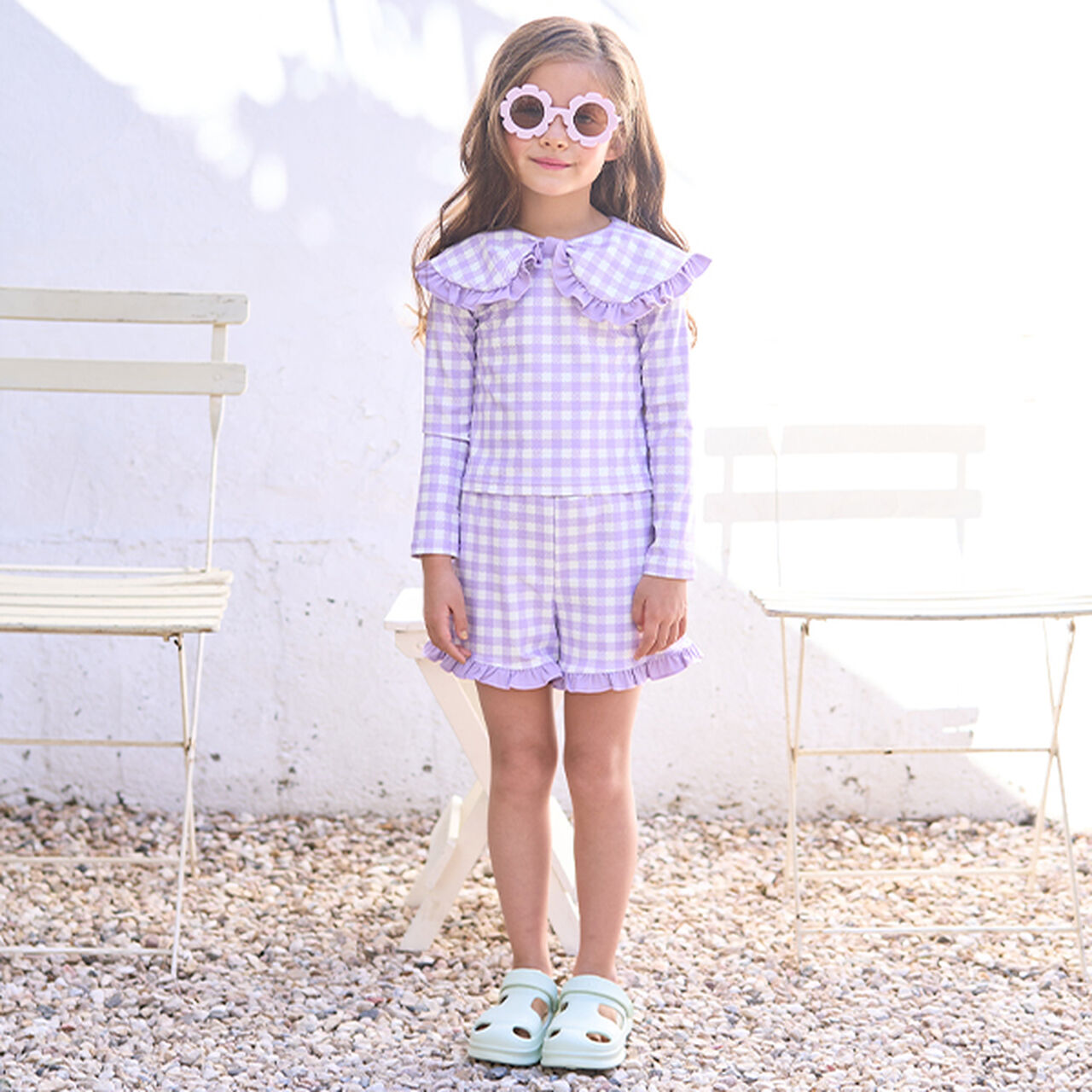 [SWIM] [UV Processing] Assorted Pattern Frill Collar Rash Guard & Pants Set,Navy, large image number 5