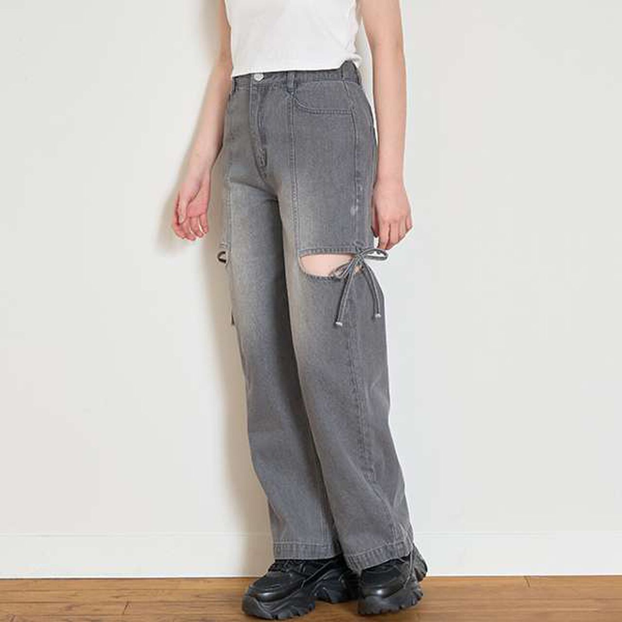 Ribbon Slit Denim Pants,Blue, large image number 1