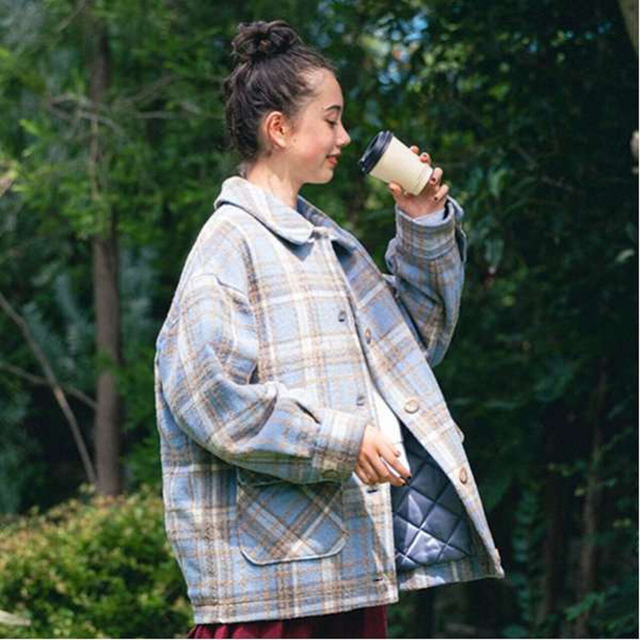 Check Cocoon Coat,Navy, large image number 5