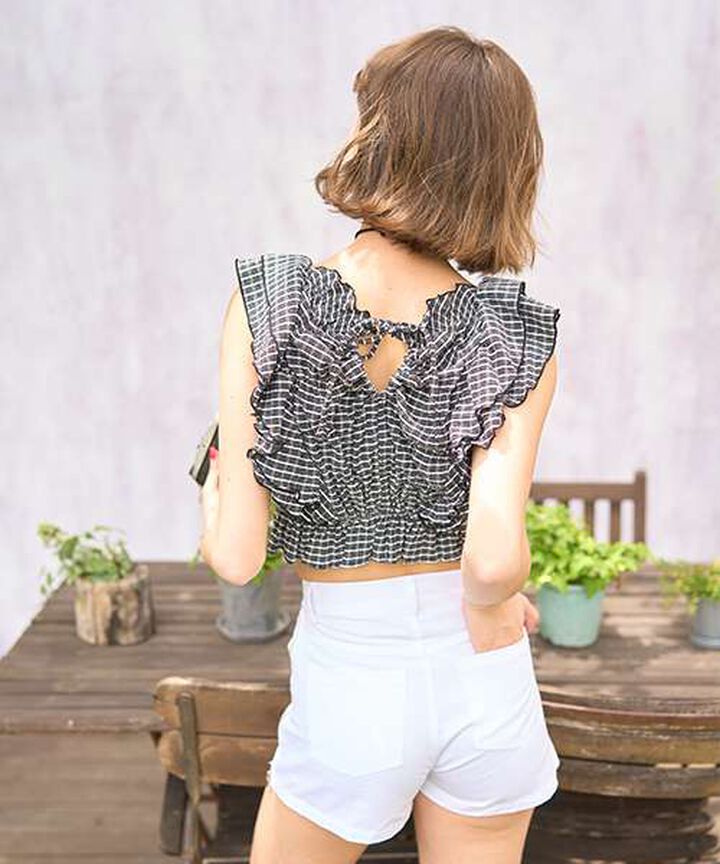 Frill Sleeve Checkered Blouse [Korean Fashion],Black, medium image number 4