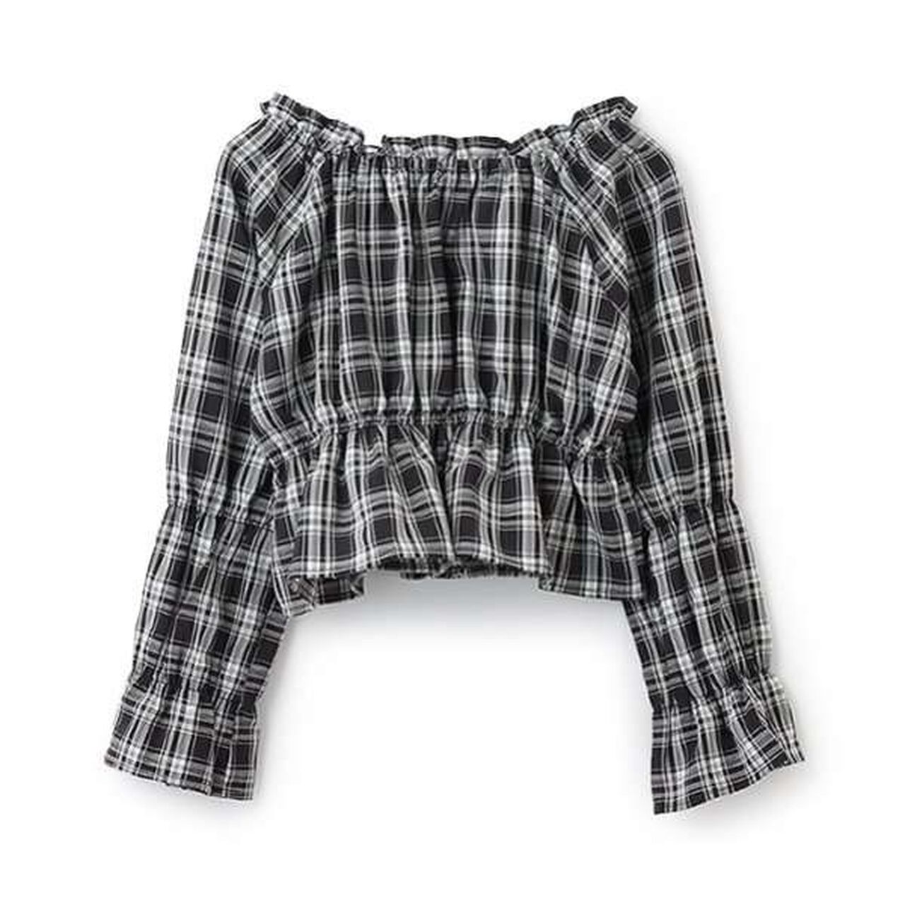 Checked Off-Shoulder Blouse,Brown, large image number 1