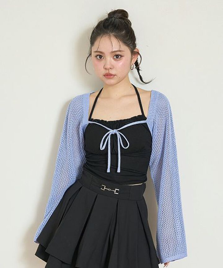 Mesh Ribbon Cardigan,Blue, medium image number 0