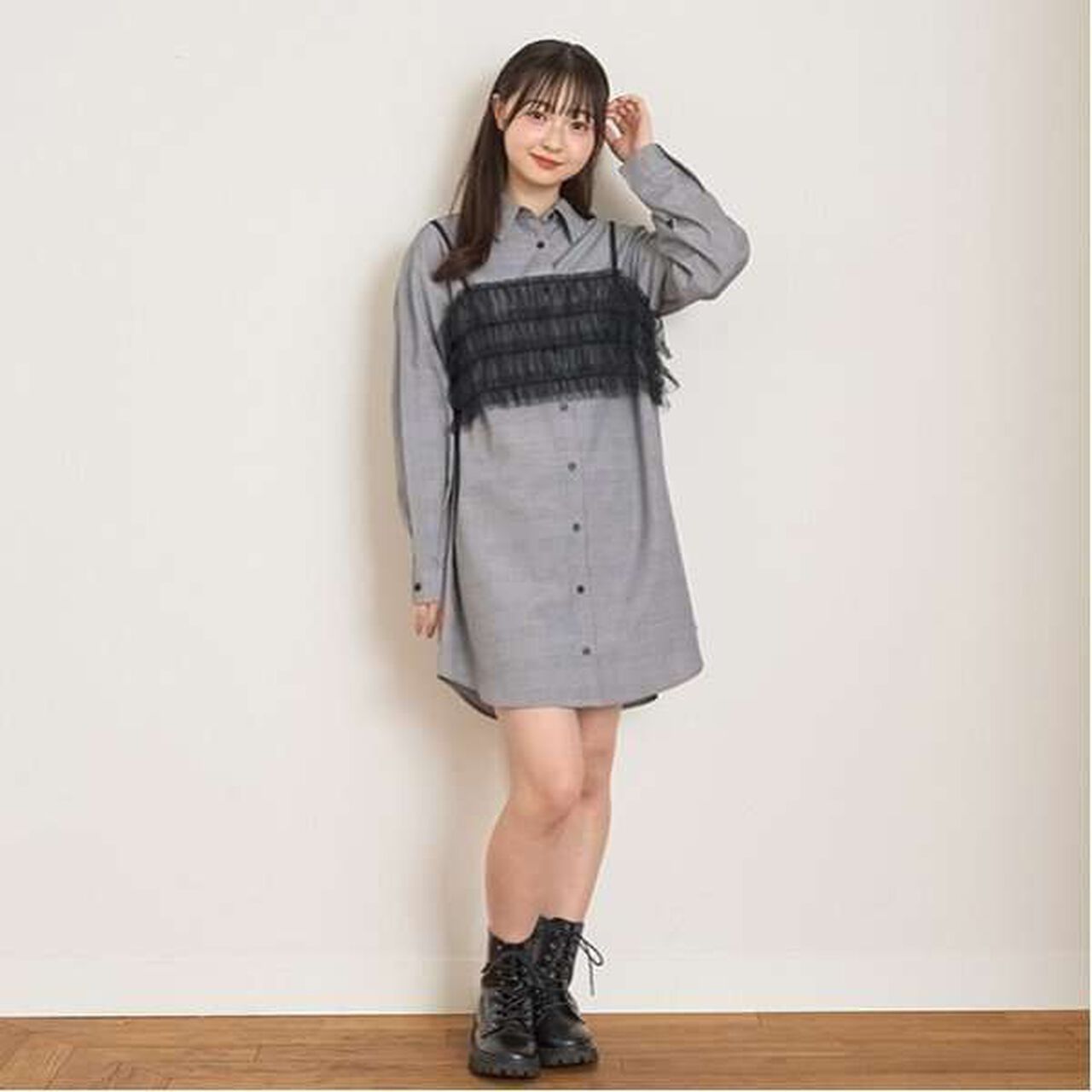 Glen Checkered One-Piece Dress with Bustier,Gray, large image number 0