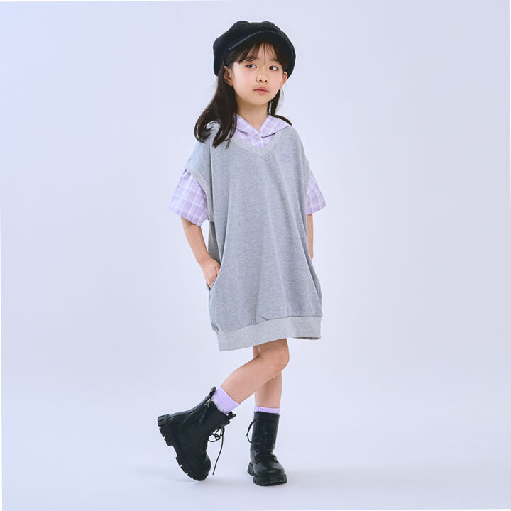 Layered Shirt Hoodie One-Piece Dress,, medium