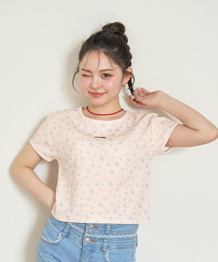 Small Floral Pattern Waffle Short Sleeve T-Shirt,Pink, medium image number 0