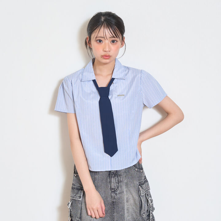 [LTXC] Stylish Short-Sleeve Shirt with Trendy Tie,Off white, medium image number 10