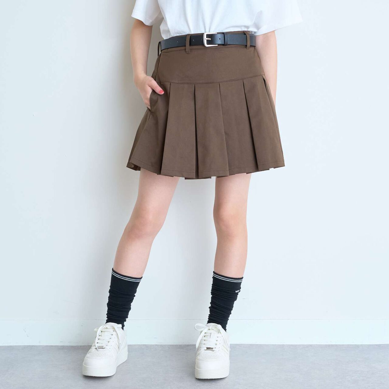 [Easy Care] Pleated Skirt with Belt,Black, large image number 5