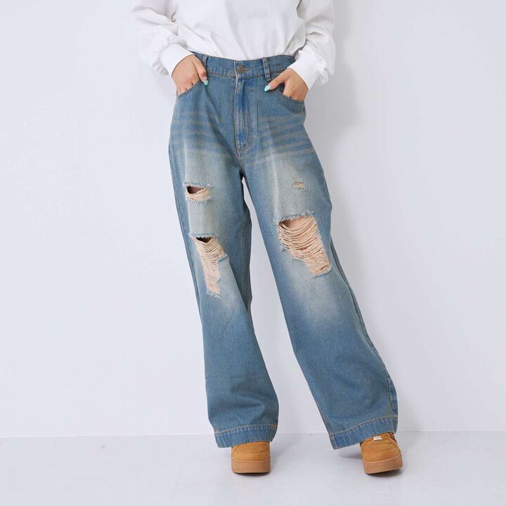 [LTXC] Distressed Denim Wide Pants,Sax blue, medium image number 7