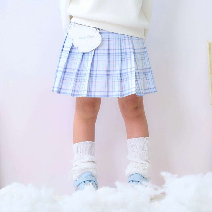 Angel Pouch Checkered Denim Pleated Skirt-Pants,Sax blue, medium image number 0