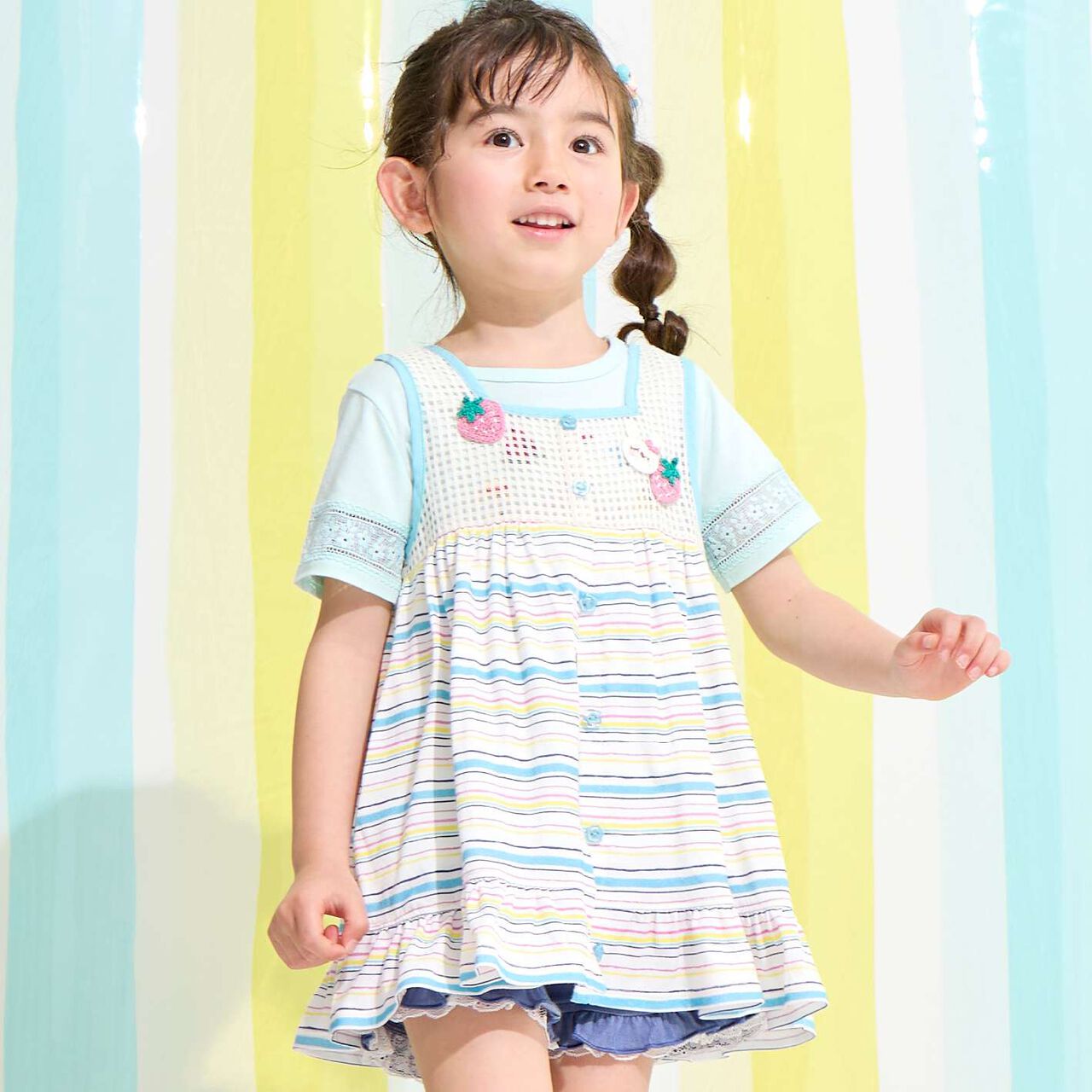 Mesh & Stripe Pattern Vest with Mimi-chan Knit Motif,Blue, large image number 0