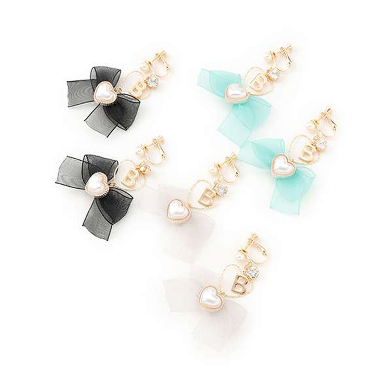 Heart Ribbon Earrings,Black, large image number 4