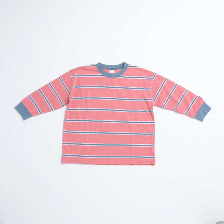 Multi Stripe Pattern Ribbed Sleeve Big Long T-Shirt,Beige, medium image number 4