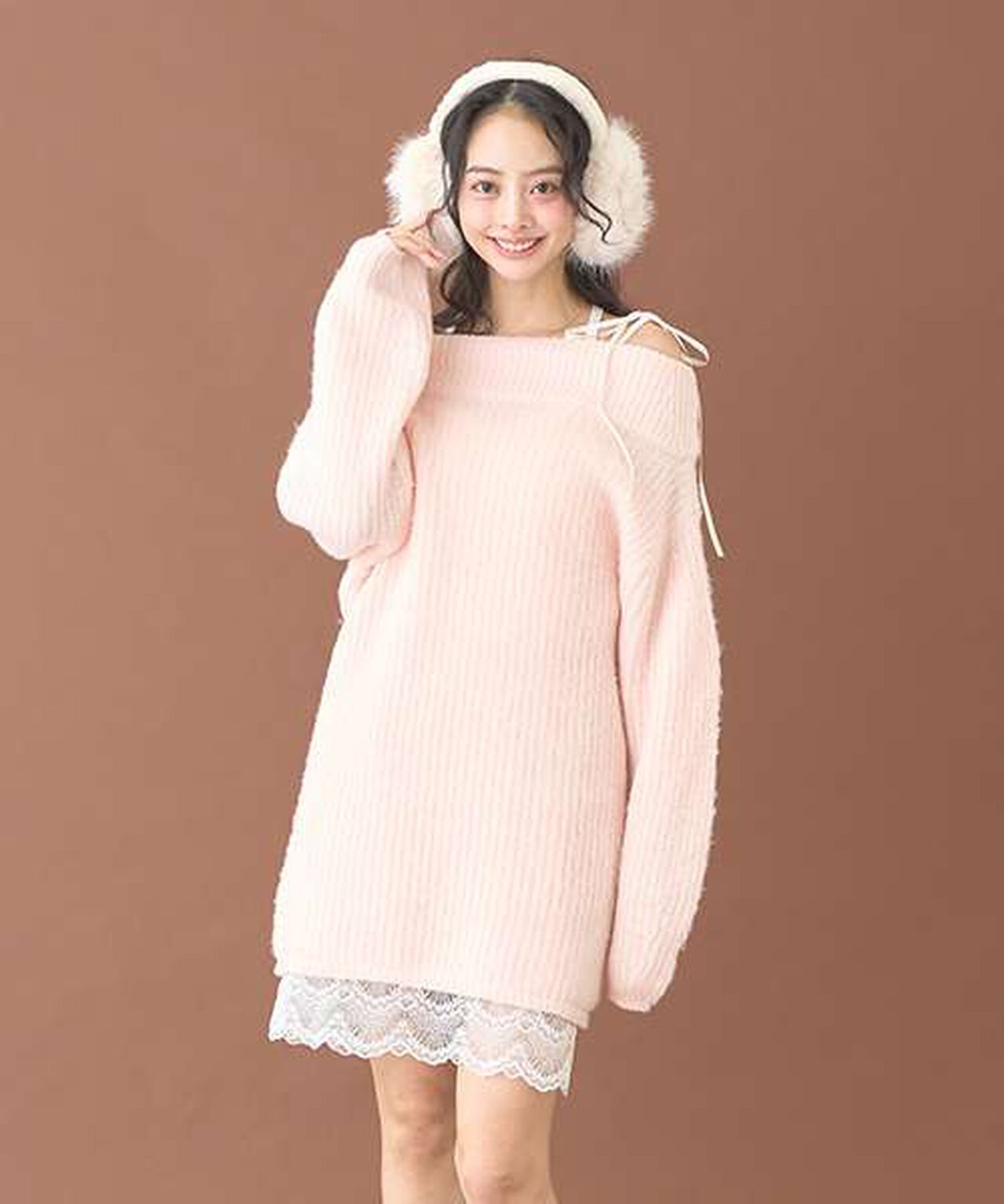 Lace Hem Knit One-Piece Dress [Korean Fashion],Pink, large image number 0