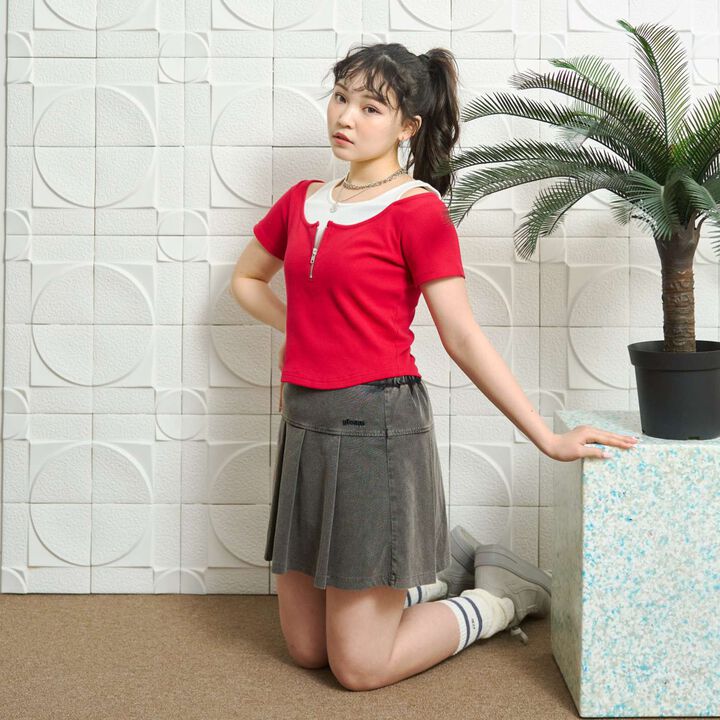 Denim-Like Cut Pleated Skirt,Gray, medium image number 0