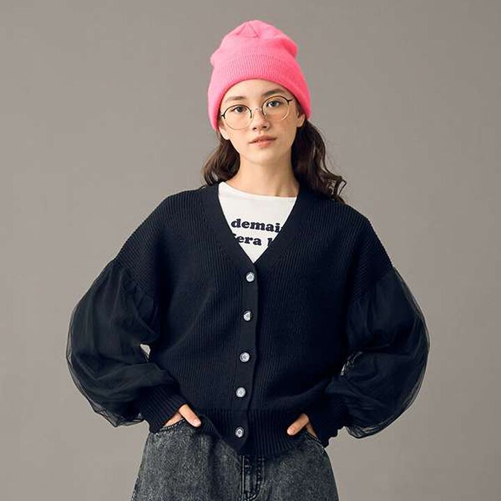 [AMI] Overlay Tulle Sleeve V-Neck Cardigan,Ivory, medium image number 14