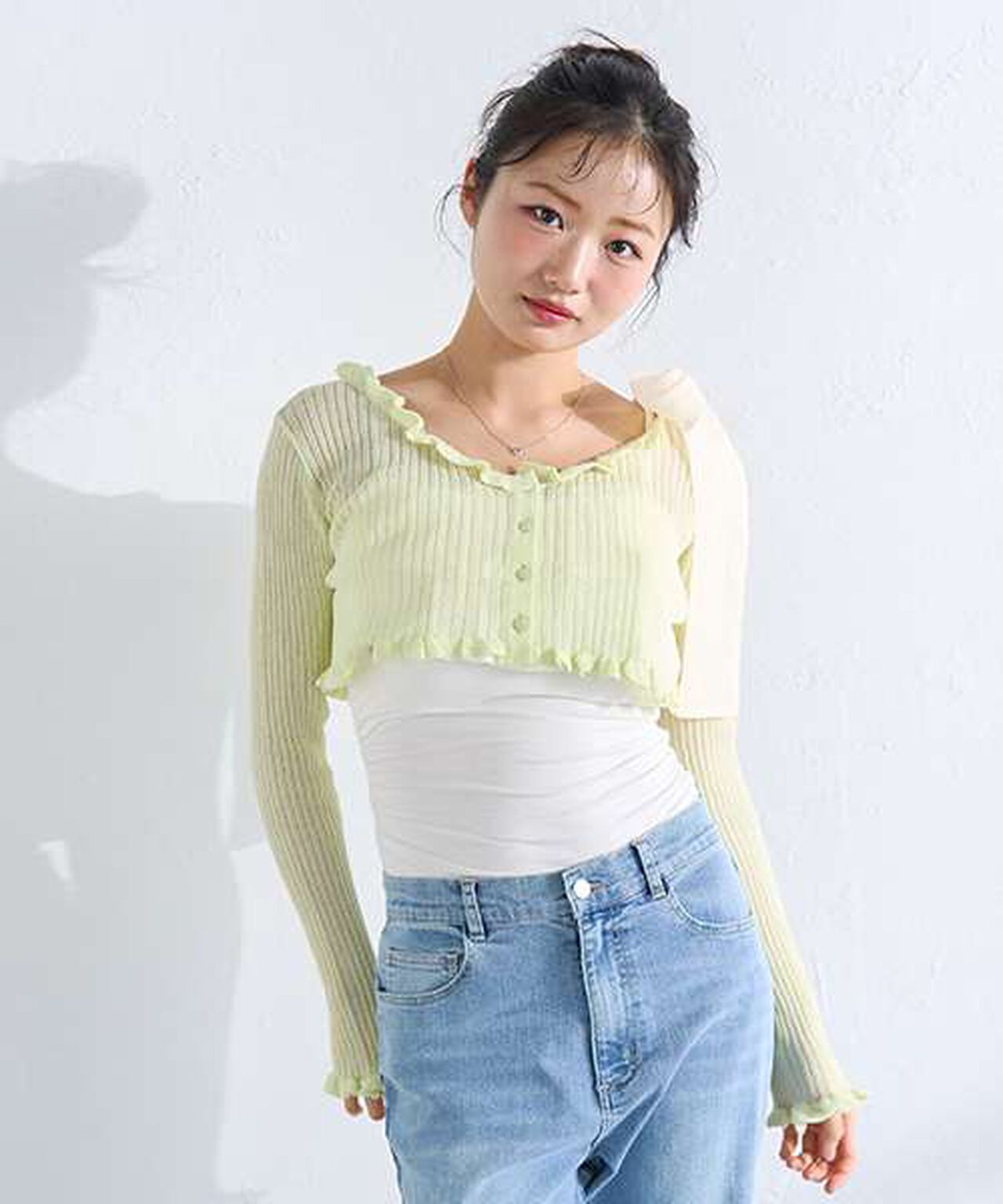 Ruffle Knit Cardigan,Light green, large image number 0
