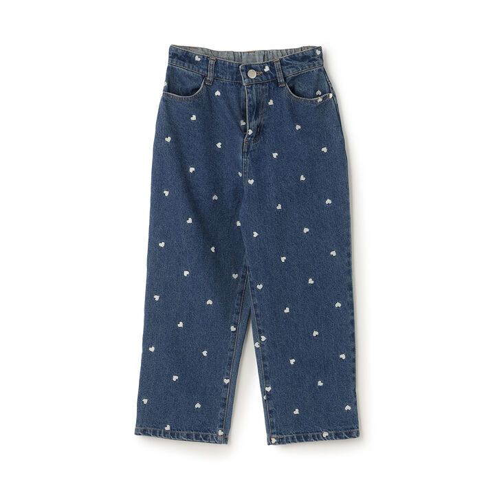 [Soft Denim] Heart Embroidered All-Over Pattern Barrel-Leg Pants for Girls [Kids],Blue, medium image number 11