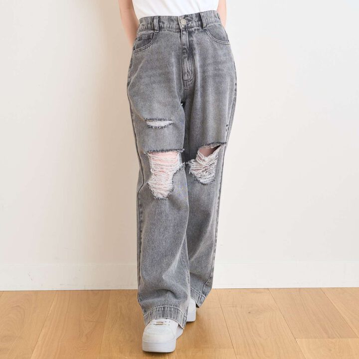 [LTXC/Cool Touch] Distressed Denim Wide Pants,Gray, medium