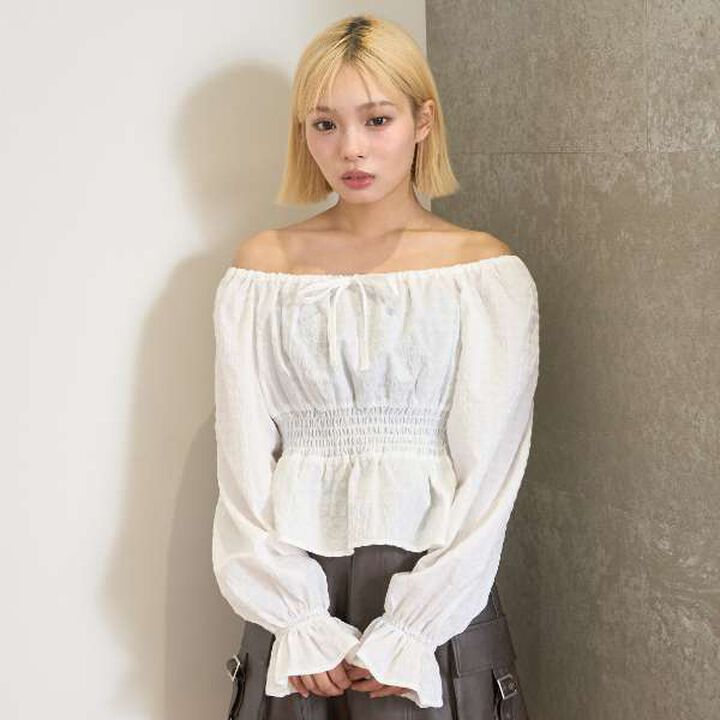 Checkered Off-Shoulder Blouse,Off white, medium image number 1