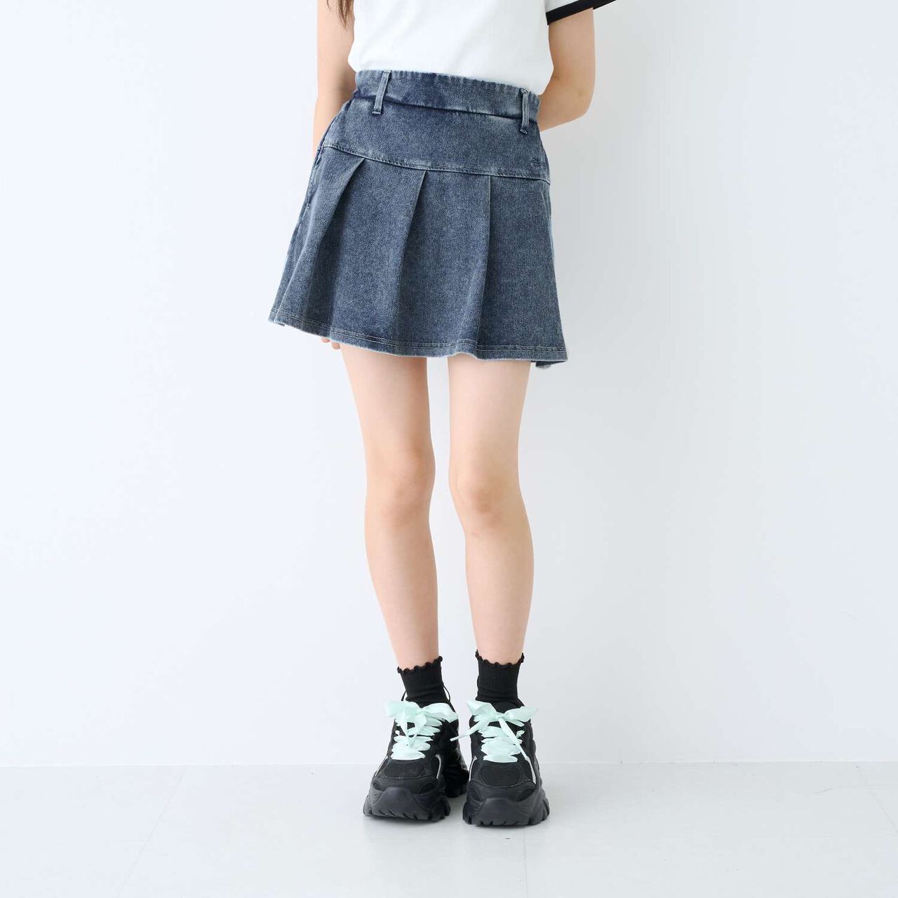 [With Belt Loops] Denim-Look Pleated Skirt,Blue, large image number 2