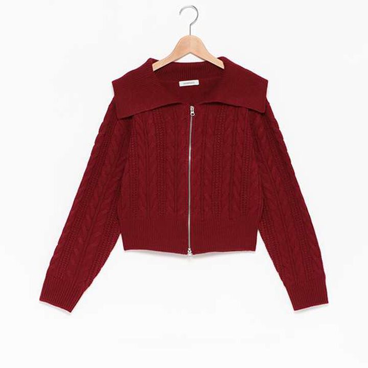 Washable Cable Knit Zip Cardigan,Wine red, medium image number 6