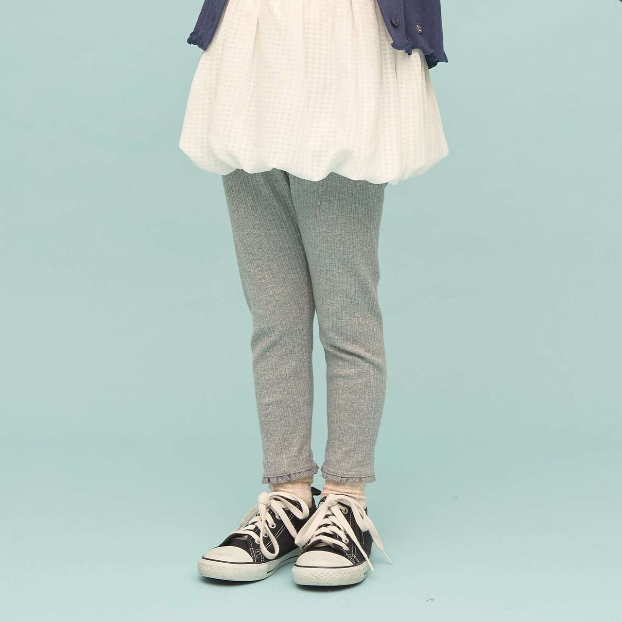 Lace Hem Frill 3/4 Leggings,Top gray, large image number 0