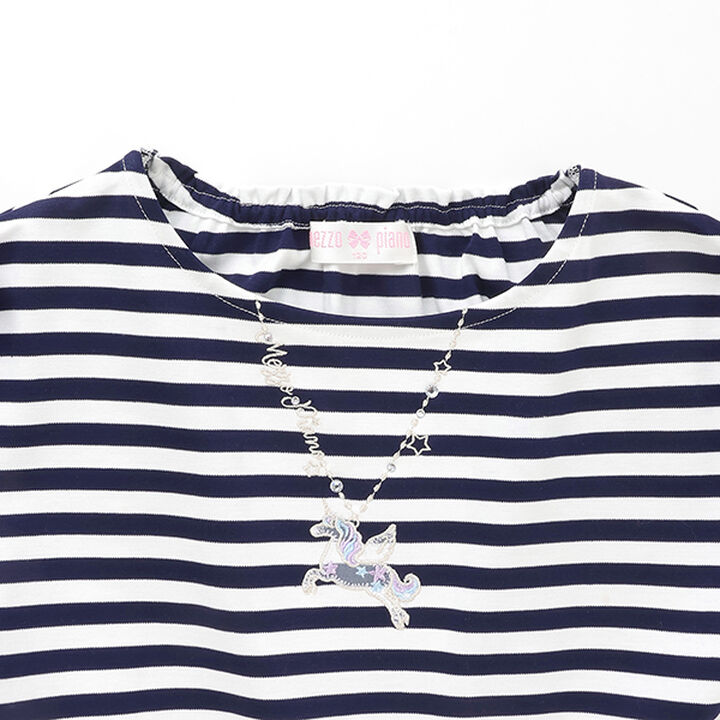 Necklace Embroidery Stripe Pattern One-Piece Dress,Navy, medium image number 7