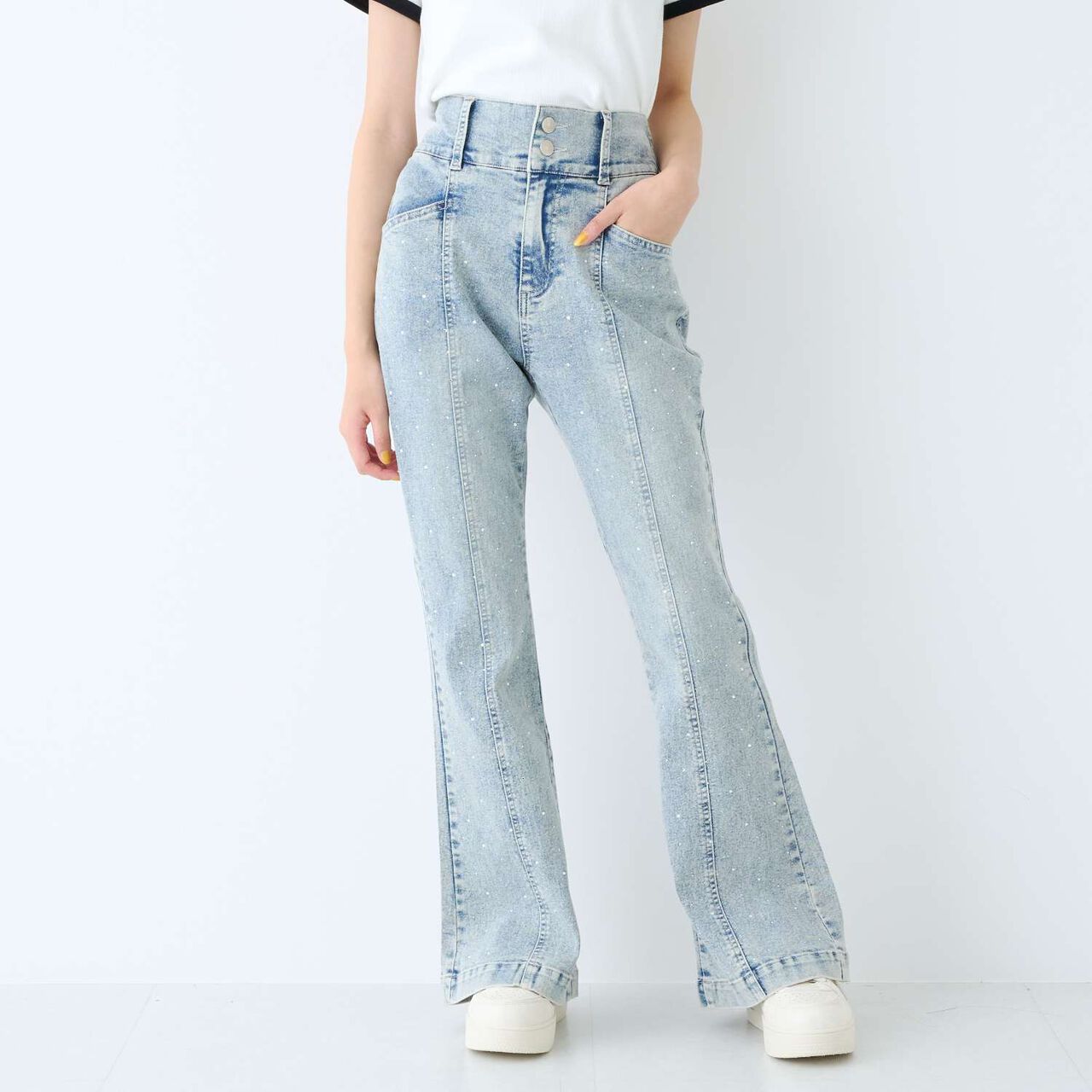 [Stretch] Sparkling Flare Denim Pants,Blue, large image number 0