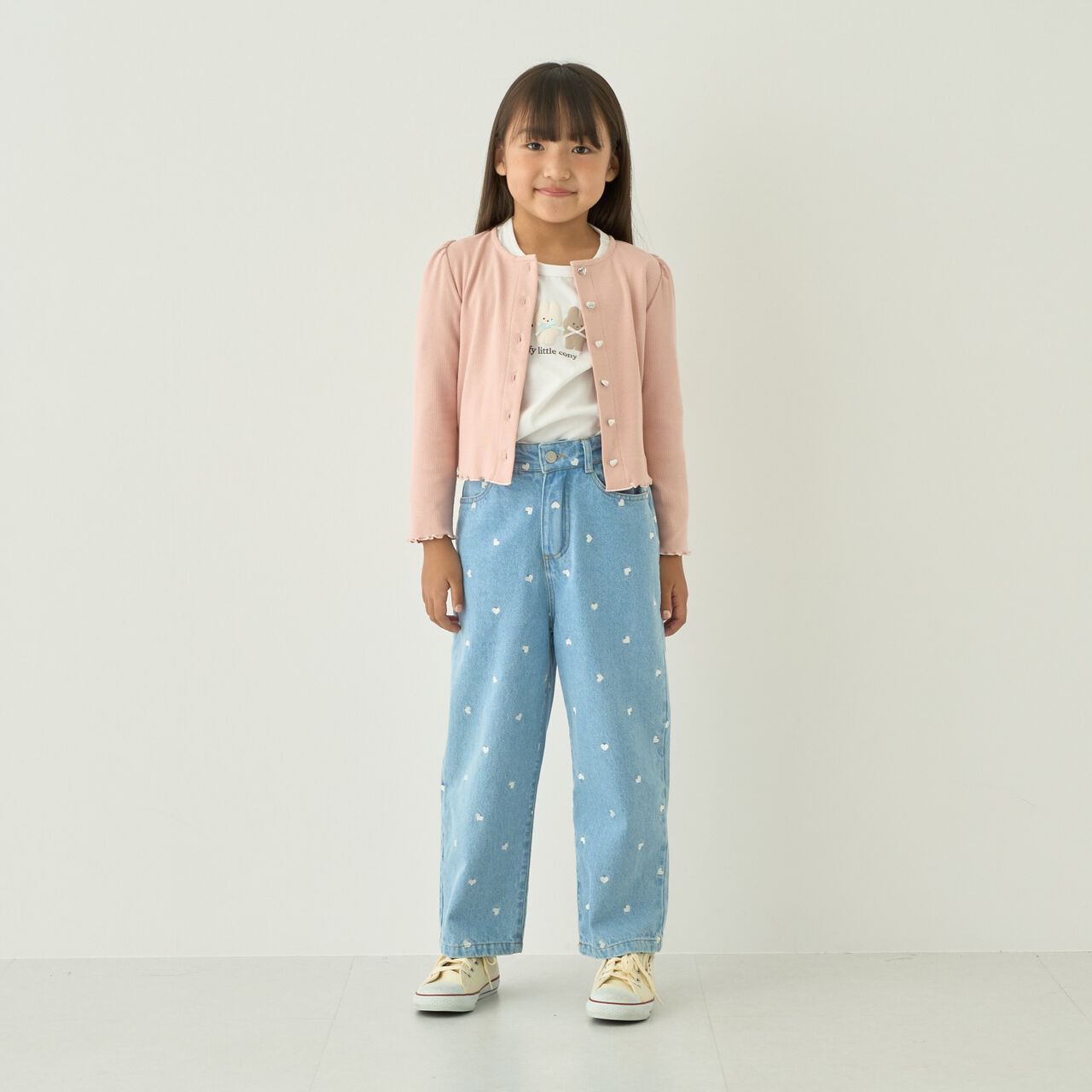 [Soft Denim] Heart Embroidered All-Over Pattern Barrel-Leg Pants for Girls [Kids],Blue, large image number 5