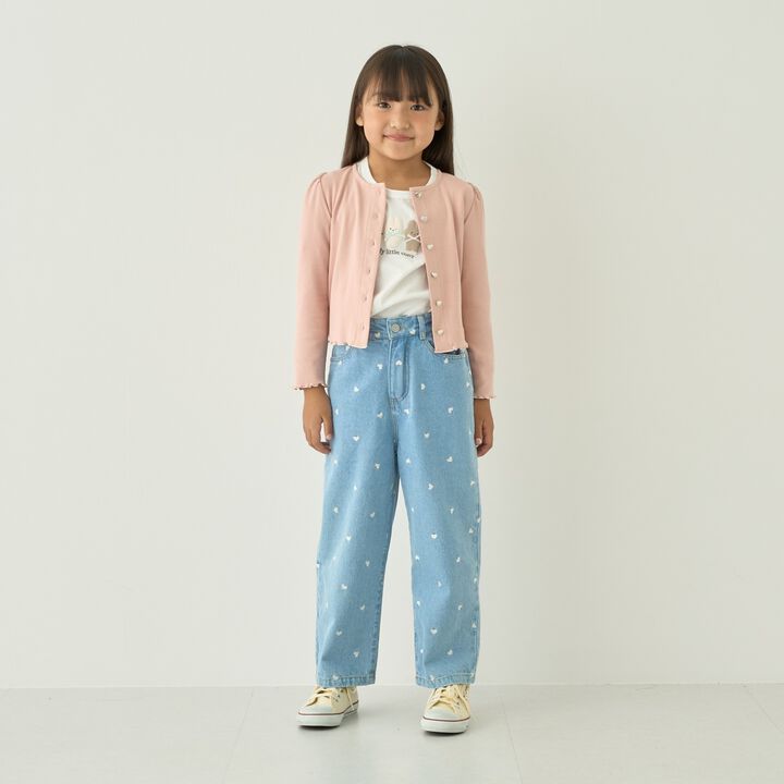[Soft Denim] Heart Embroidered All-Over Pattern Barrel-Leg Pants for Girls [Kids],Blue, medium image number 5